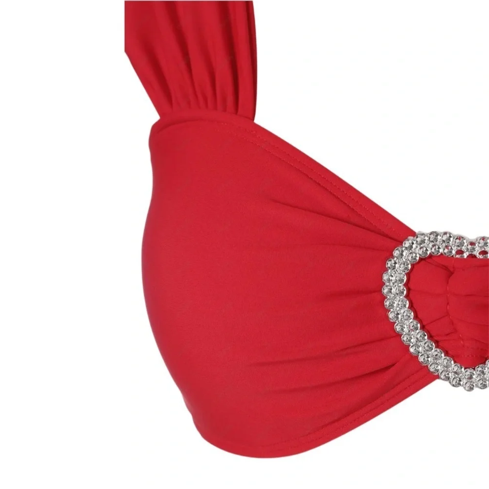 Rhinestone Heart ✦ Red Silver Bikini Set ✦ Sweetheart Neck Belted High-Cut L NWT